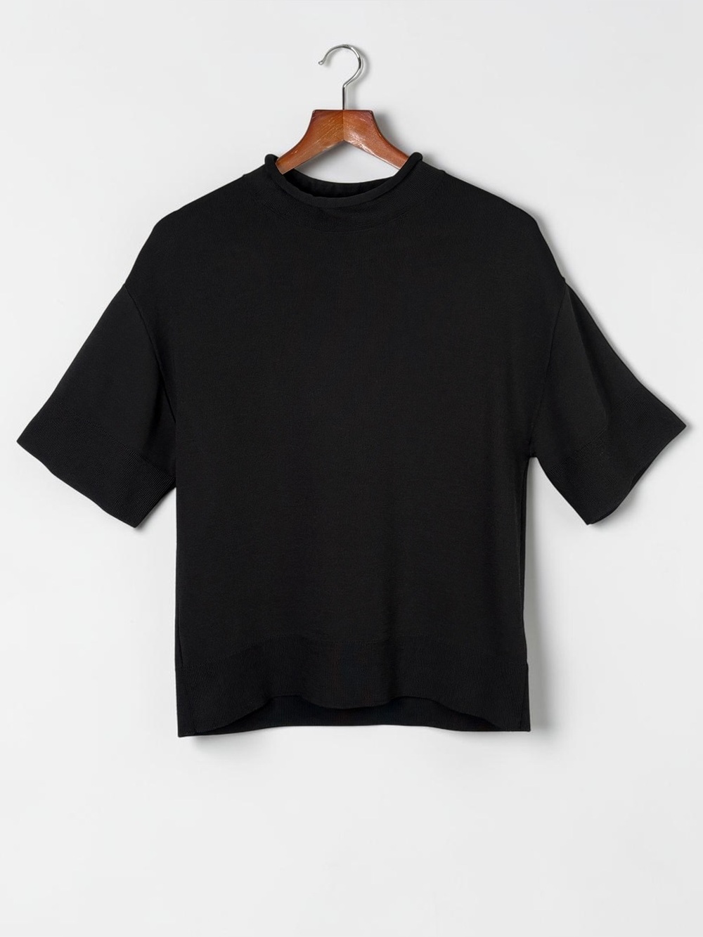 COS Black Wool Blend Rolled Mock Neck Short Sleeve Oversized Sweater S